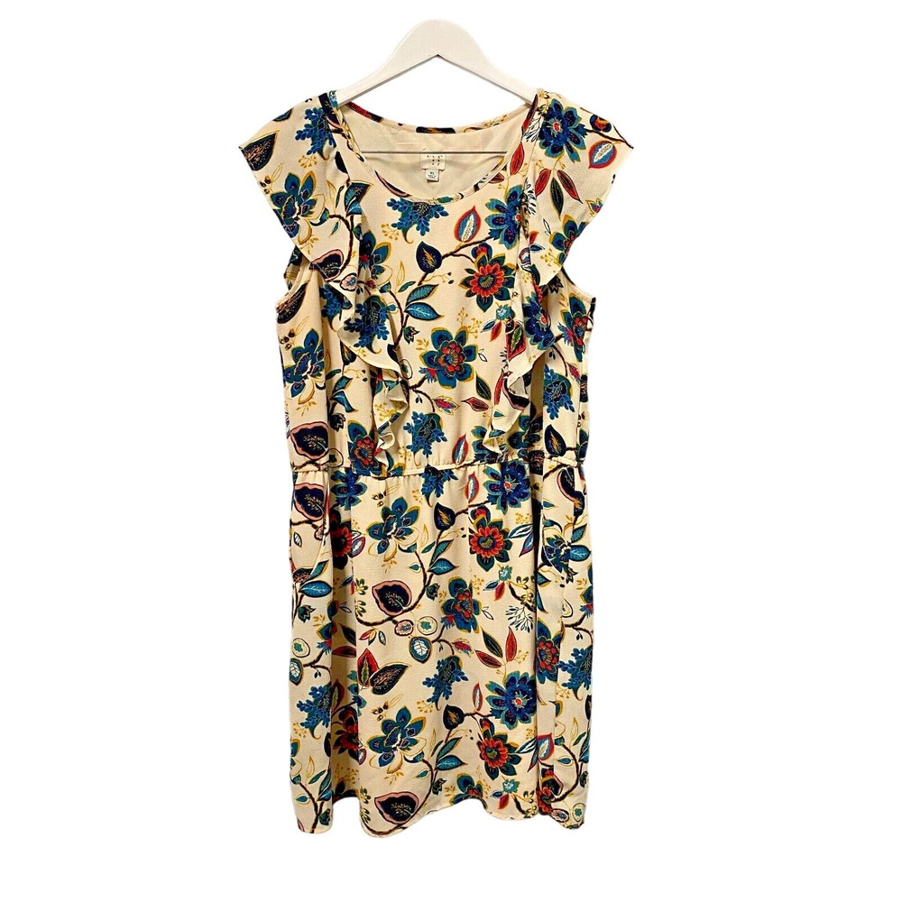 A New‎ Day Floral Mini Dress XL Ruffled Elastic Waist Pockets Lined Multi Color